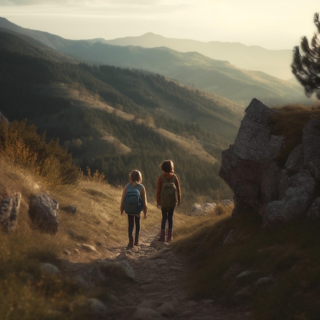 Due ragazze stanno su un sentiero in montagna, una di loro indossa uno zaino.