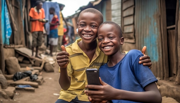 due ragazzi africani nelle baraccopoli che fanno un selfie ridendo