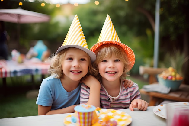 Due ragazzi allegri alla festa di compleanno all'aperto