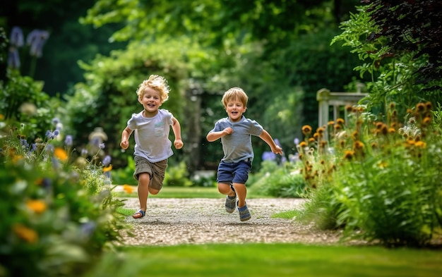 Due ragazzi corrono in un giardino, uno di loro indossa pantaloncini blu
