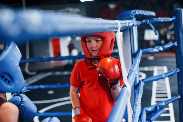 Due ragazzi in equipaggiamento protettivo hanno sparring e combattimenti sul ring.