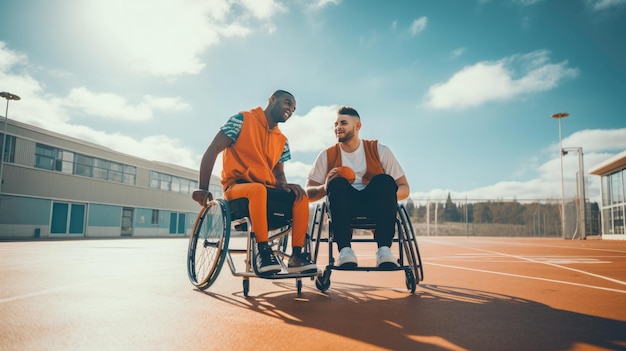 due ragazzi in sedia a rotelle che giocano a basket