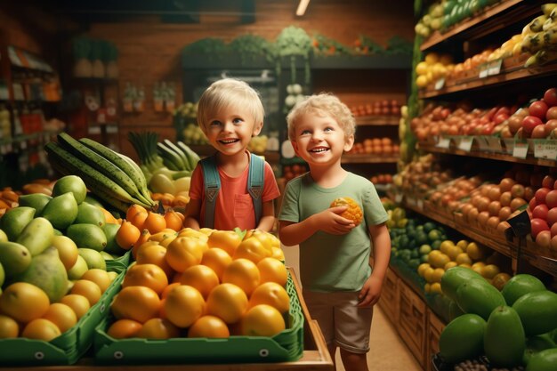 Due ragazzi stanno in un negozio di alimentari con frutta e verdura.