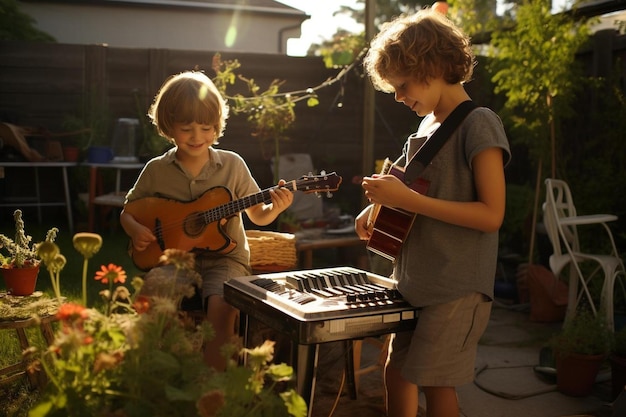 Due ragazzi suonano la chitarra nel cortile sul retro.