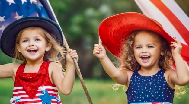 due ragazzine con un cappello con la bandiera americana e un ombrello