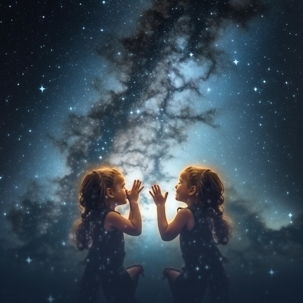 Due ragazzine sono in piedi davanti a un cielo stellato AI Generative