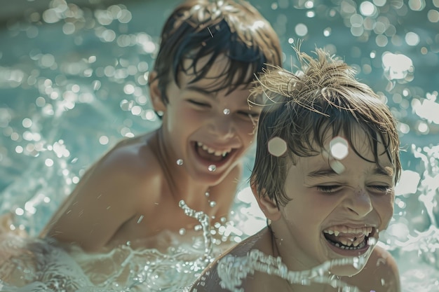 Due ragazzini che giocano in una pozza d'acqua