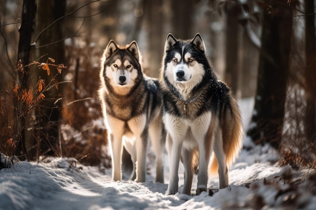 Due razze canine Camminare attraverso un bosco invernale è un Alaskan Malamute