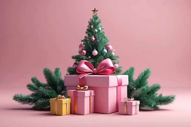 Due regali si trovano l'uno sopra l'altro su uno sfondo rosa con decorazioni per l'albero di Natale concetto di celebrazione del nuovo anno 2024 rendering 3d