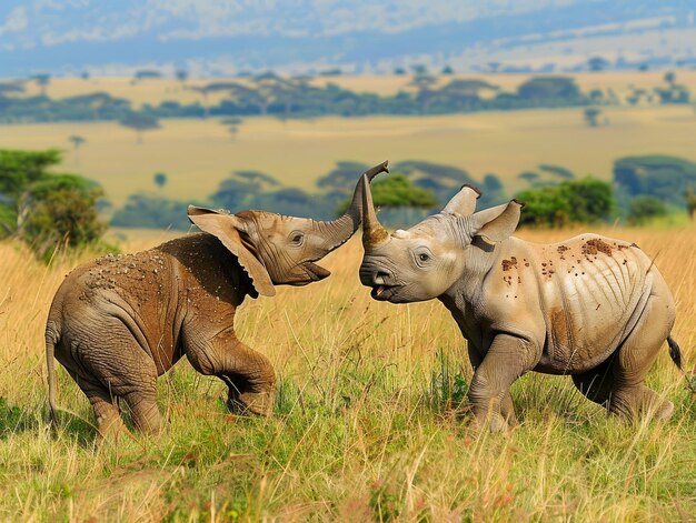 Due rinoceronti africani che giocano in un pittoresco paesaggio di savana con erba lussureggiante e colline panoramiche