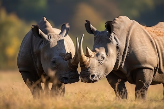 Due rinoceronti in un campo con la parola rinoceronte sul davanti