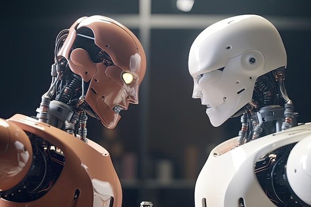 Due robot arrabbiati si guardano l'un l'altro battaglia tra due personaggi meccanici IA generativa