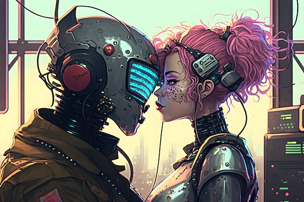 Due robot baciano l'IA generativa in stile anime cyberpunk