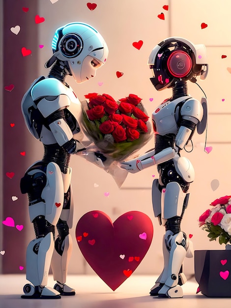 Due robot con un cuore che dice amore