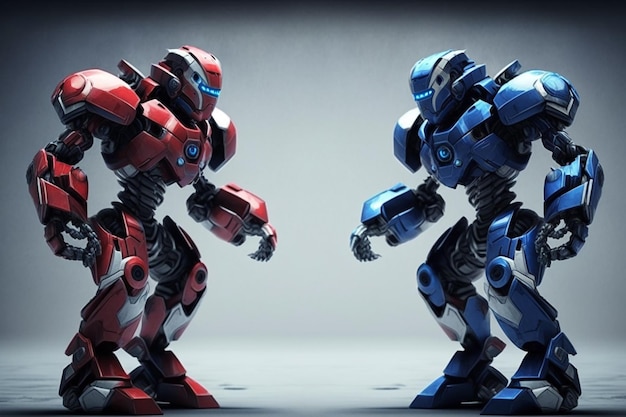 Due robot futuristici prima della partita in colore blu e rosso IA generativa