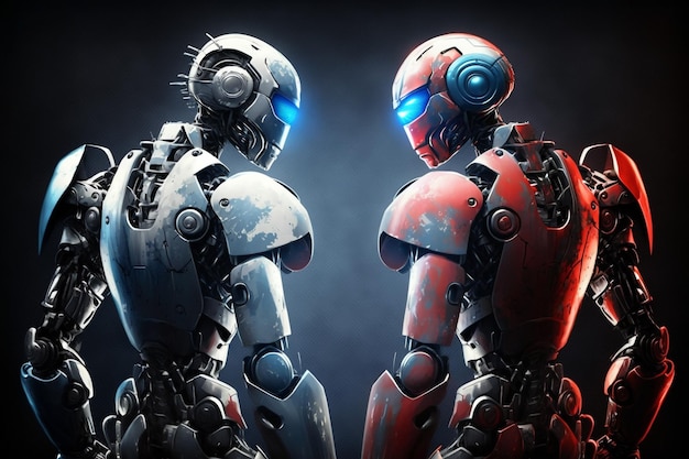 Due robot futuristici prima della partita in colore blu e rosso IA generativa