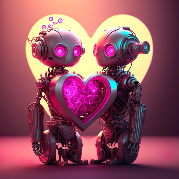 Due robot tengono in mano un cuore con la parola "amore" sopra.