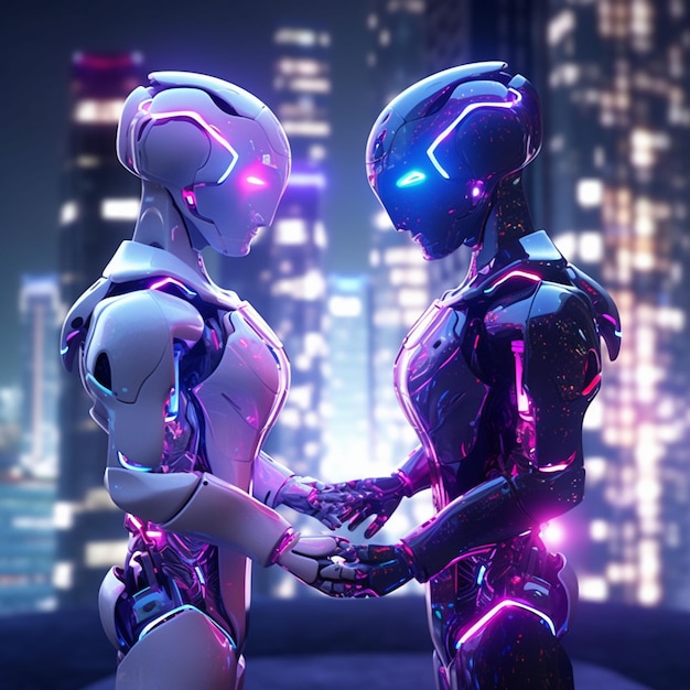 Due robot umanoidi d'argento realistici che si tengono per mano guardandosi romanticamente