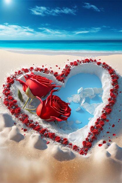 Due rose a forma di cuore sulla spiaggia Generative Ai