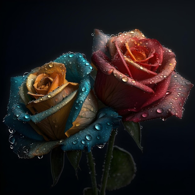 Due rose con gocce d'acqua su di esse sono coperte di gocce d'acqua.