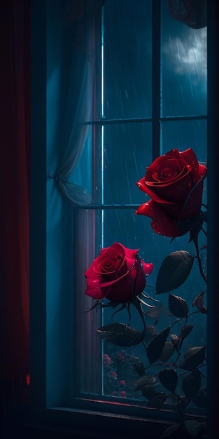 Due rose in una finestra con le parole amore in basso a destra