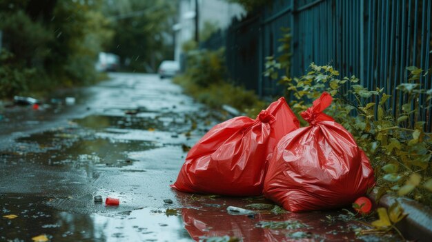 Due sacchetti di plastica rossi di spazzatura sono a terra accanto a una recinzione