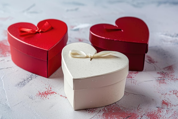 Due scatole a forma di cuore, una rossa e una bianca, posizionate su un tavolo. Scatole da regalo in forma di cuore a colori rosso e bianco, perfette per il giorno di San Valentino.