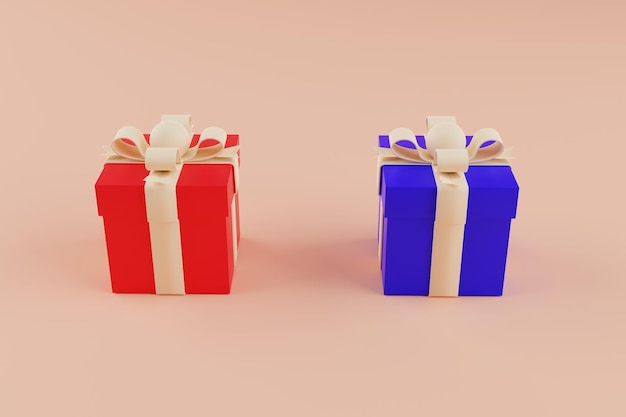 Due scatole regalo blu e rosse Regalo per il concetto di uomo e donna Rendering 3D