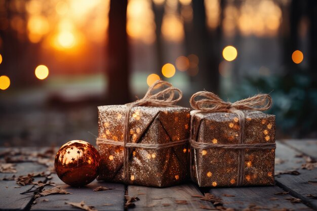 Due scatole regalo con una palla di Natale su uno sfondo al tramonto striscione paesaggio festivo