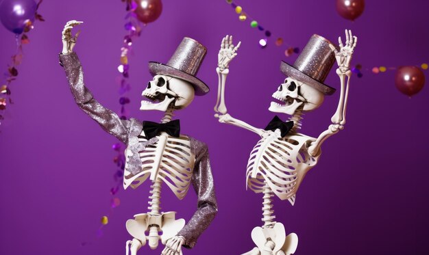 Due scheletri felici che ballano ad una festa di Halloween