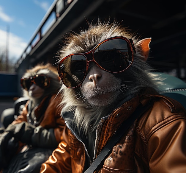 Due scimmie con gli occhiali da sole guidano una cabriolet