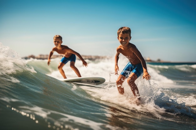 Due scolari che fanno surf sull'acqua
