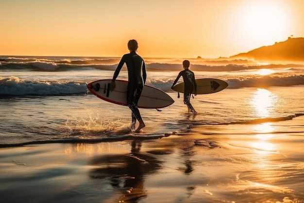 Due scolari che fanno surf sull'acqua