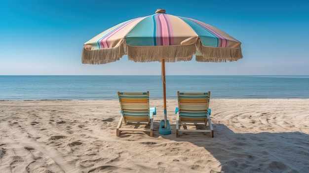 Due sedie a sdraio con un ombrello colorato su una spiaggia.