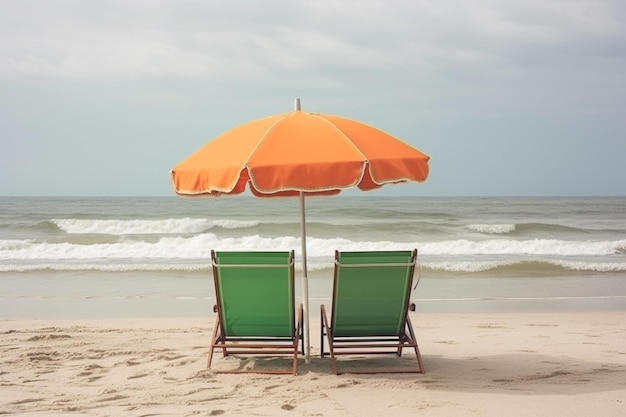 Due sedie a sdraio e ombrellone sulla spiaggia tropicale con tonalità di colore vintage di sfondo mare e cielo