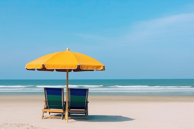 Due sedie a sdraio e ombrellone sulla spiaggia tropicale Concetto di vacanza estiva IA generativa