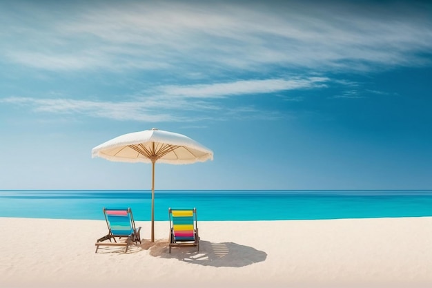 Due sedie a sdraio e un ombrellone su una spiaggia.