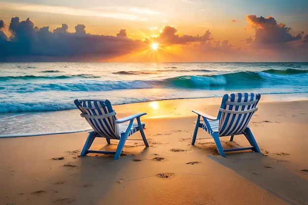 Due sedie a sdraio su una spiaggia con il sole che tramonta dietro di loro