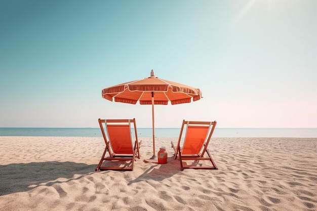 Due sedie a sdraio su una spiaggia tropicale sabbiosa con un ombrellone Concetto di viaggio di vacanza