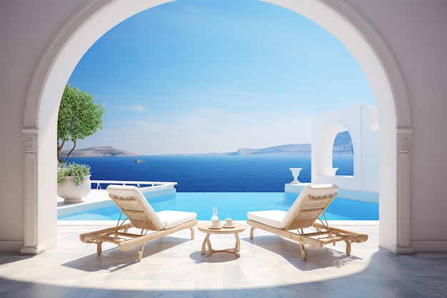 Due sedie a sdraio sulla terrazza con piscina e splendida vista sul mare Mediterraneo tradizionale