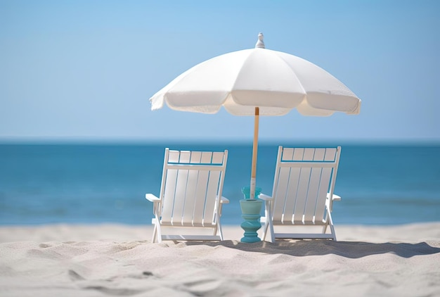 due sedie bianche con un ombrello blu sulla spiaggia nello stile di vacanza dadcore