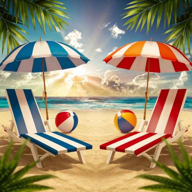 due sedie da spiaggia con un ombrello da spiaggia e palme sullo sfondo