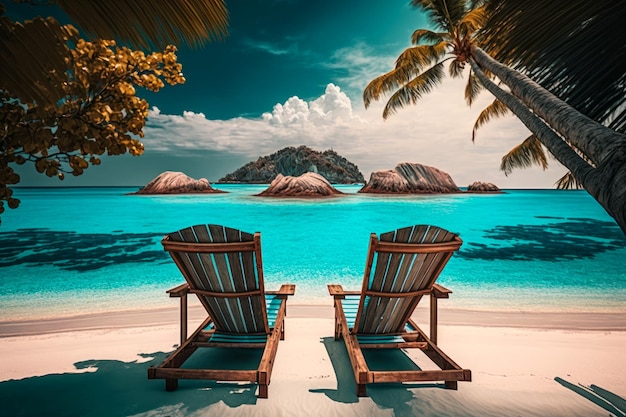 Due sedie di legno sedute in cima alla spiaggia sabbiosa IA generativa