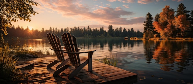 Due sedie di legno su un molo di legno che si affaccia su un lago al tramonto in Finlandia