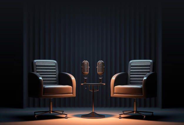 Due sedie e microfoni in intervista podcast talk show room copy space background IA generativa