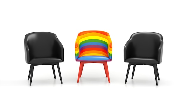 Due sedie nere e un capello vuoto realistico con bandiera arcobaleno LGBTQ su sfondo bianco da studio