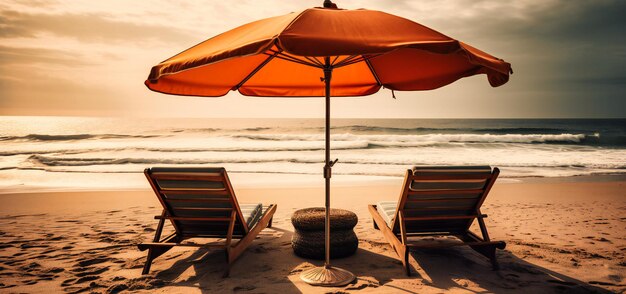 Due sedie sono sedute sulla spiaggia sotto un ombrellone