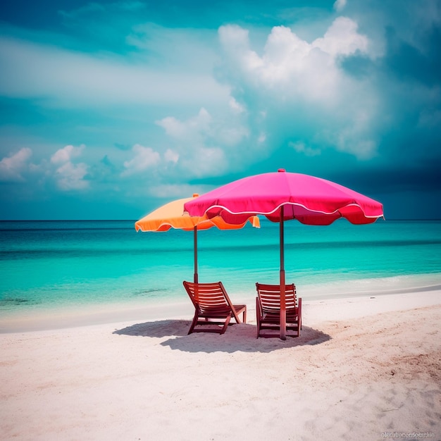 Due sedie sotto un ombrellone su una spiaggia.