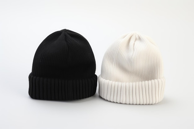 due semplici cappelli a cuffia modello in bianco e nero su sfondo bianco