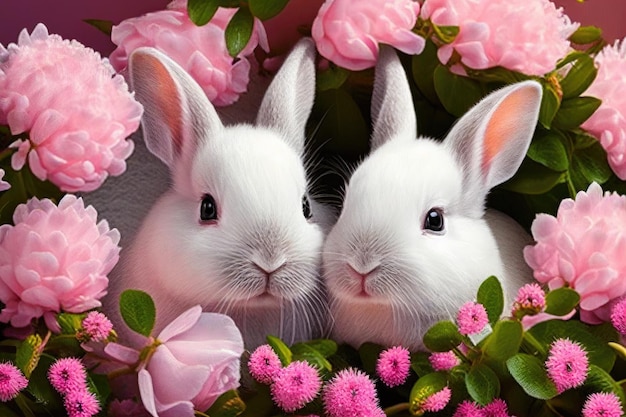 Due simpatici conigli bianchi con fiori rosa intorno